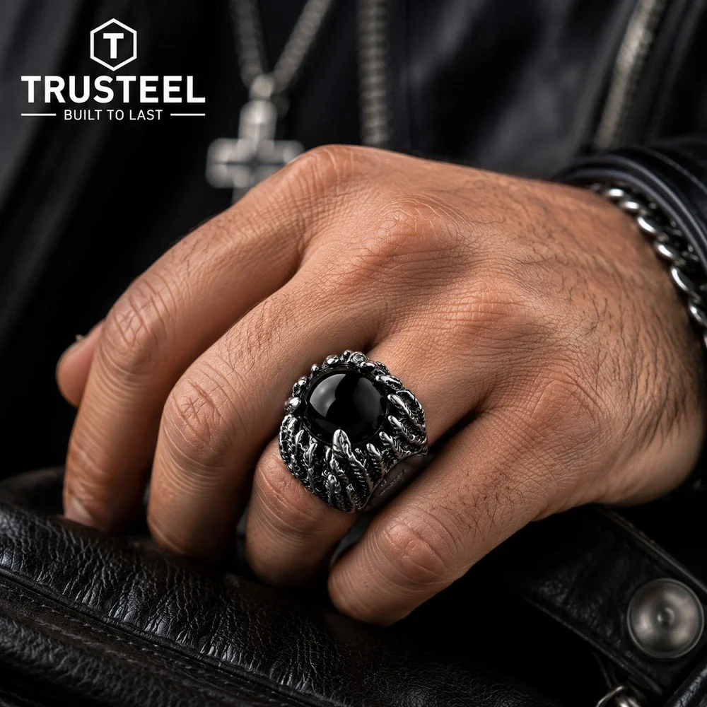 Gothic Claw Black Stone Ring Stainless Steel Ring Men Biker Punk size 10